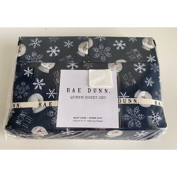 Rae Dunn SnowGlobes Snowflakes Christmas Holiday Soft Queen Sheet Set 4 Piece - Picture 1 of 13
